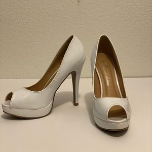 White PU Peep toe heels, size 7